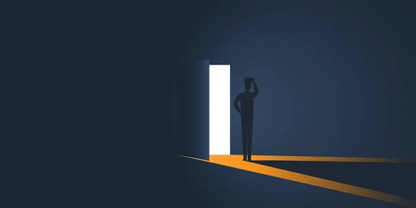 Standing Business Man Dark Room Open Door Light Going New — Stock Vector