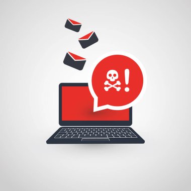 Laptop ve Zararlı Zarar Verici Uyarı, E-posta ile Enfeksiyon - Virüs, Arka Kapı, Fidye, Dolandırıcılık, Spam, Phishing, E-posta Dolandırıcılığı, Hacked Computer - It Security Concept Design, Vector Illustration