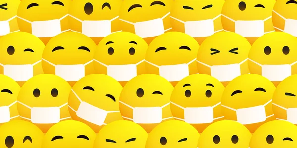 Padrão Fundo Com Vários Emoticons Amarelos Vestindo Máscara Médica Vector — Vetor de Stock