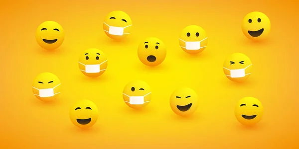 Vários Emoticons Com Diferentes Expressões Faciais Reações Com Sem Máscaras — Vetor de Stock