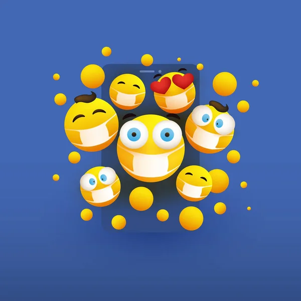 Diverse Yellow Emoticons Dragen Medische Maskers Voor Een Smartphone Screen — Stockvector