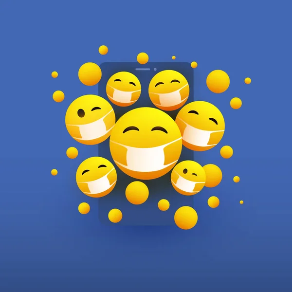Diverse Yellow Emoticons Dragen Medische Maskers Voor Een Smartphone Screen — Stockvector