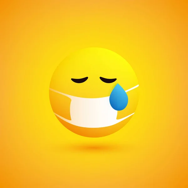 黄色の背景に涙と医療用マスクで悲しい 懸念泣く感情 ベクトルデザイン — ストックベクタ