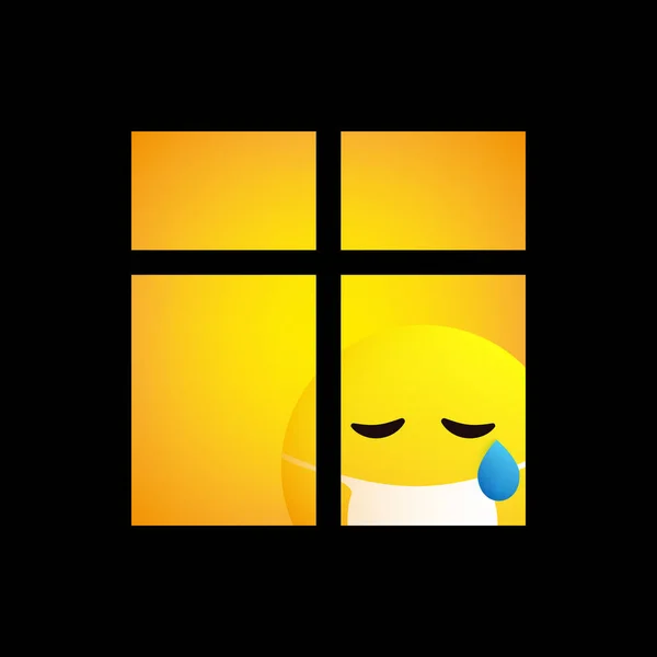 Sad Sick Emoticon Kijkt Door Het Raam Home Quarantaine Vector — Stockvector