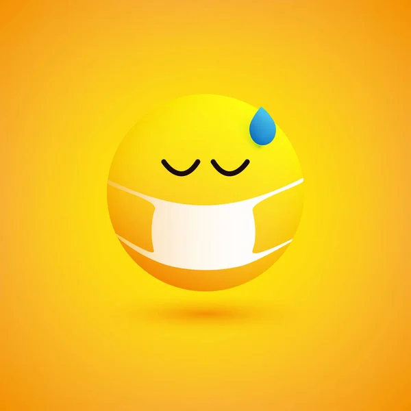 Sad Sick Emoticon Drop Sweat Medical Mask Yellow Background Vector — Stock Vector