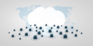 Ev Ofisleri, Uzaktan Çalışmalar, Bulut Hesaplama - Evde Çalışmak ve Sadece İnternet ile Sosyal Bağlantılar Oluşturmak - Sembolik Ev Ağı Tasarım - Vektör İllüzyonu