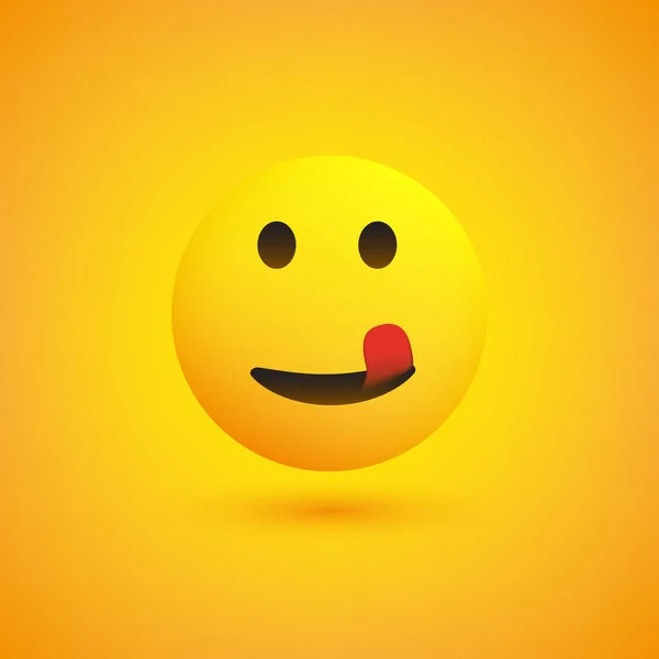 Cara Sonriente Lamerse Boca Emoticono Feliz Simple Sobre Fondo Amarillo — Vector de stock