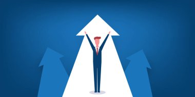 New Possibilities, Hope, Dreams - Business Achievements, Solutions Finding Concept - Man Standing on a Big Up Arrow - Vector Illustration clipart