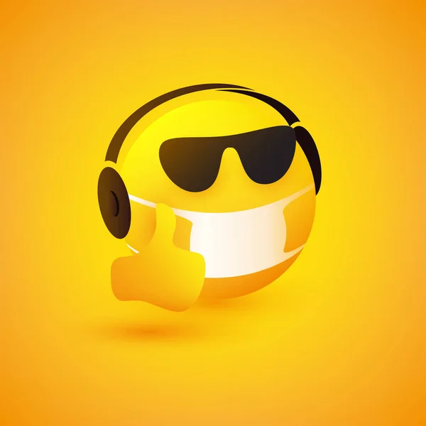 Emoticon Face Mask Sunglasses Headphones Showing Thumbs Yellow Background Ακούγοντας — Διανυσματικό Αρχείο