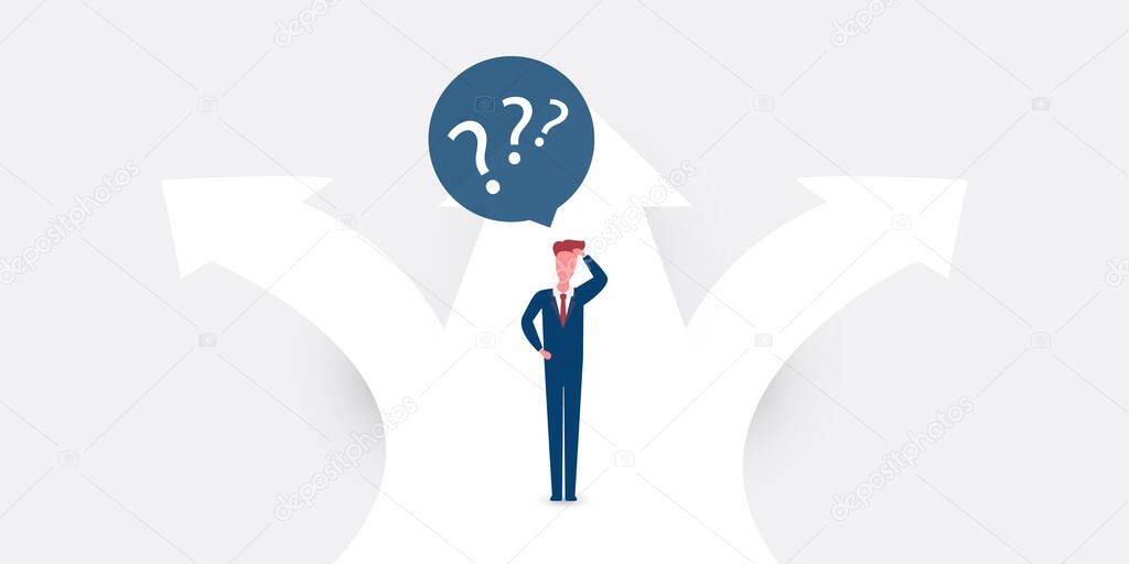 Choose the Right Direction to Go Forward - Alternative Ways, Business Decision Design Concept with Businessman at Road Intersection - EPS10 Vector Illustration