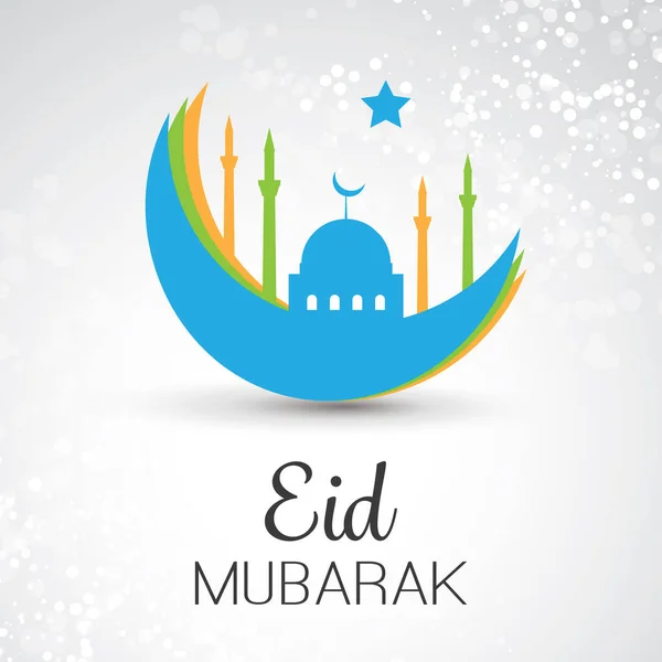 Eid Mubarak Moon Sky Cartão Felicitações Com Mesquita Para Festival — Vetor de Stock