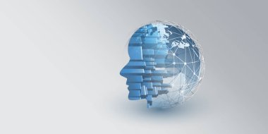 Smart City, Otomatik Dijital Kontrol, Derin Öğrenme, Yapay Zeka ve Gelecek Teknolojisi Şehir Manzarası Tasarımı, İnsan Başı Silüeti ve Kablo Çerçeve Küresi - Vektör İllüstrasyonu