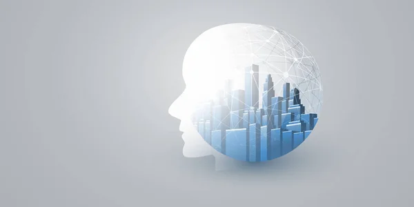 Smart City, Automated Digital Control, Deep Learning, Artificial Intelligence and Future Technology Concept Design with Cityscape, Human Head Silhouette and Wireframe Sphere - Vector Illustration