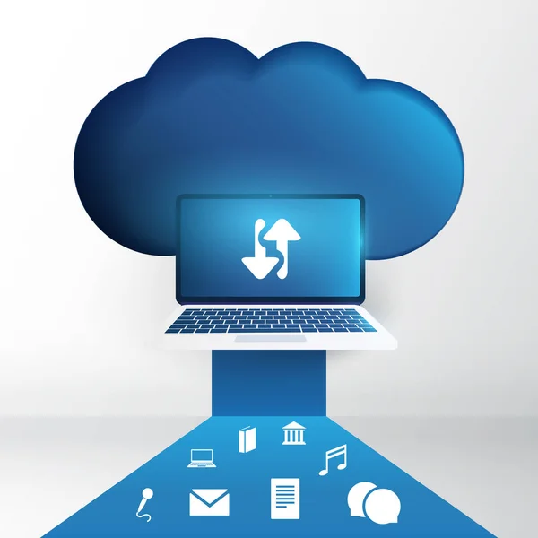 Concetto Progettazione Della Tecnologia Cloud Computing Con Laptop Icone Connessioni — Vettoriale Stock