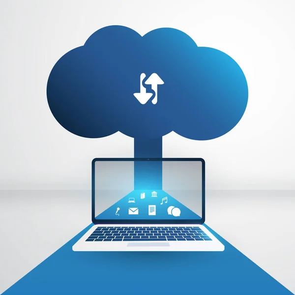 Concept Voor Cloudcomputing Technologie Met Laptops Pictogrammen Digitale Netwerkverbindingen Internetdiensten — Stockvector