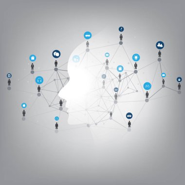 Gelecekçi Makine Öğrenme, Yapay Zeka, Bulut Hesaplama ve Ağ Tasarımı İnsan veya Robot Yüz, Simgeler ve Çokgen Ağ Ağı Ağı