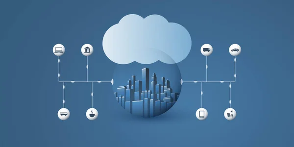 Smart City Concetto Progettazione Cloud Computing Con Icone Globo Trasparente — Vettoriale Stock