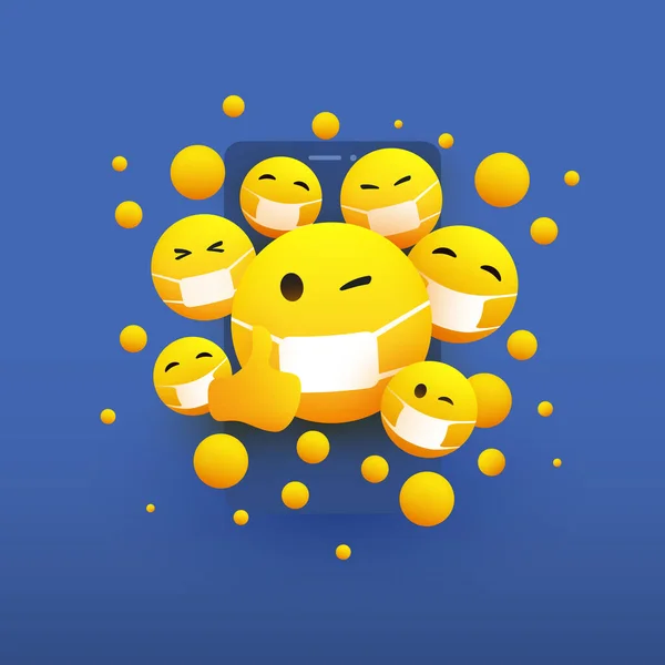 Diverse Yellow Emoticons Dragen Medische Maskers Voor Een Smartphone Screen — Stockvector