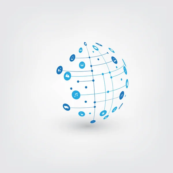 Koncepcja Projektowania Chmury Obliczeniowej Wireframe Globe Ikonami Global Digital Network — Wektor stockowy