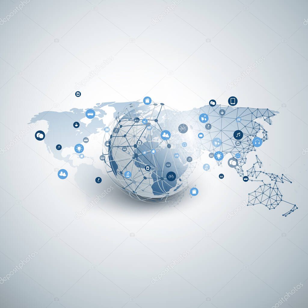 Internet of Things, Cloud Computing Design Concept with Wireframe, Earth Globe and Icons - Global Digital Network Connections, Smart Technology Concept