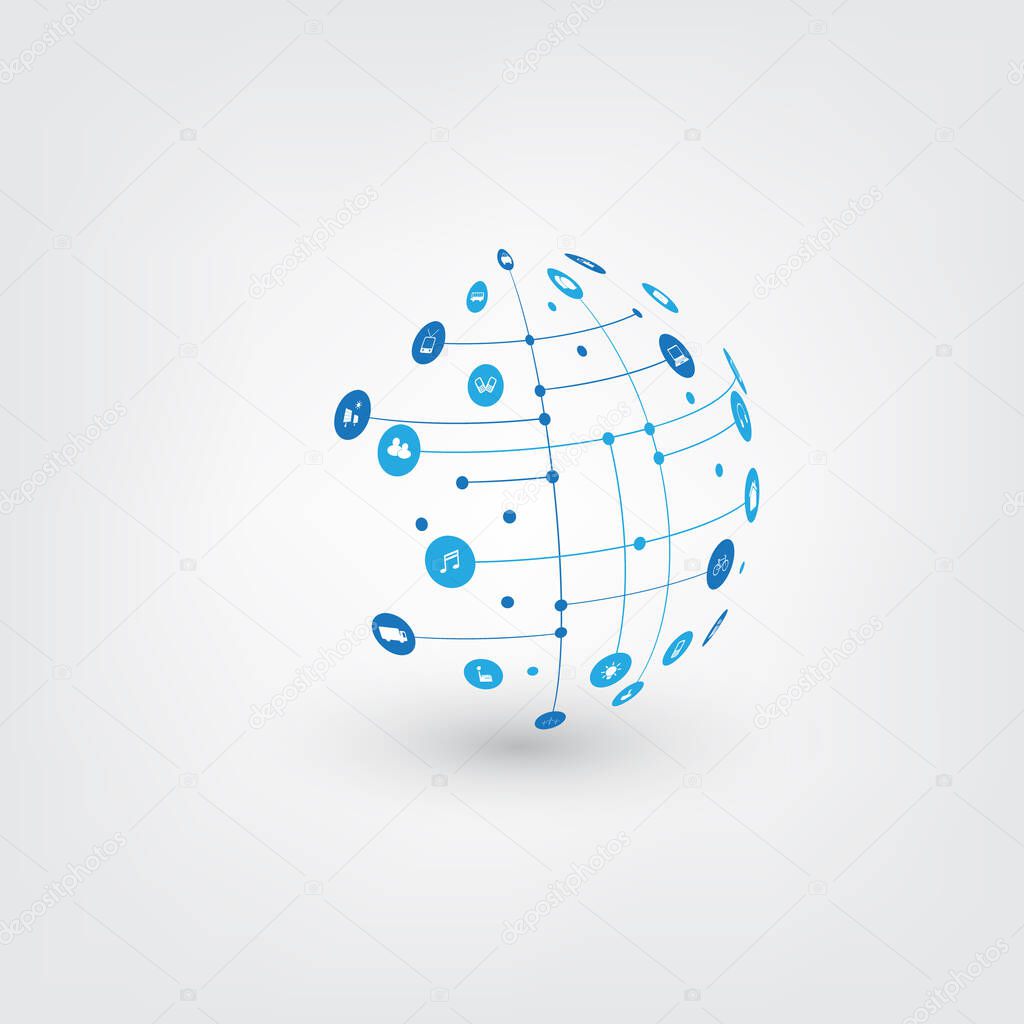 Internet of Things, Cloud Computing Design Concept with Wireframe Globe and Icons - Global Digital Network Connections, Smart Technology Concept