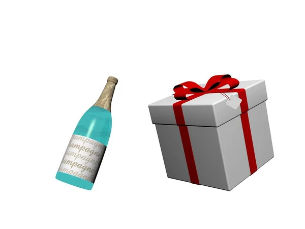 Bottle of champagne and a gift - 3d render — Stock Photo, Image