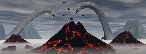 Diplodocus dinosaurios y volcán - 3D render —  Fotos de Stock