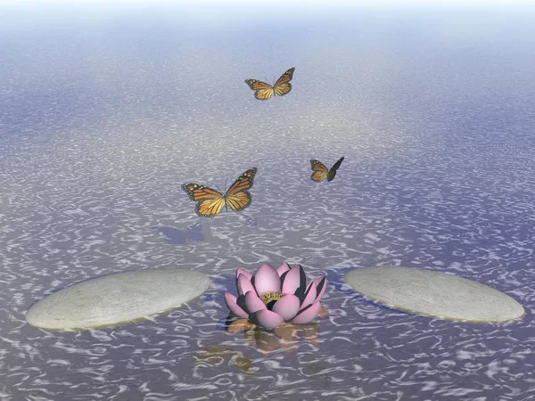 Метелики в польоті в ландшафті Дзен 3D рендерингу — стокове фото