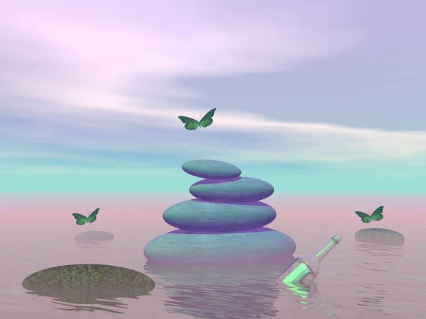 Farfalle in volo in un paesaggio zen - rendering 3D — Foto Stock