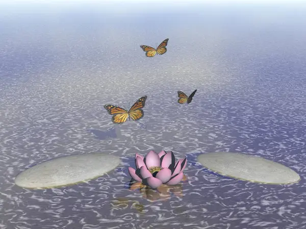 Pillangók repülés-ban egy Zen táj - 3d renderelés — Stock Fotó