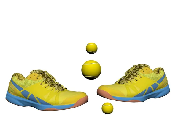 Αθλητικά παπούτσια και μπάλες σε άσπρο φόντο - 3d rendering — Φωτογραφία Αρχείου