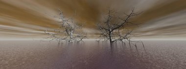 Üç boyutlu iki büyük ağaçla güzel bir okyanus manzarası.