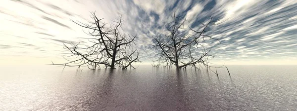 Krásný výhled na oceán se dvěma velkými stromy - 3D vykreslování — Stock fotografie