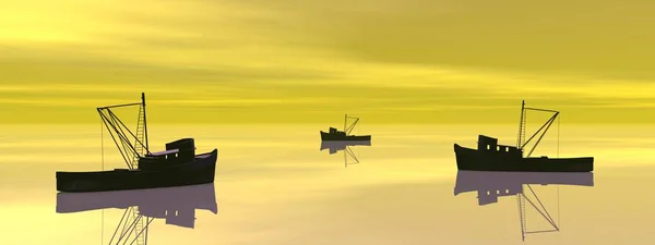 Vista de los barcos de pesca con una vista muy agradable - 3d renderizado —  Fotos de Stock