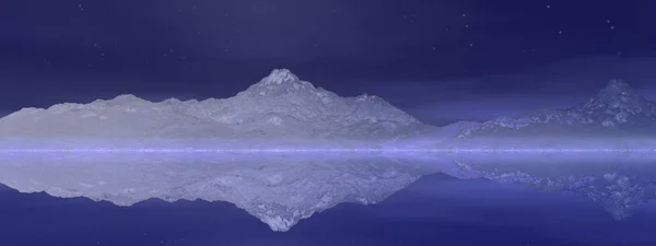 Bella vista di una montagna specchiata su un lago - rendering 3d — Foto Stock