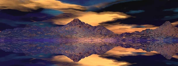 Gyönyörű kilátás nyílik a hegyre tükröződik a tó - 3d renderelés — Stock Fotó
