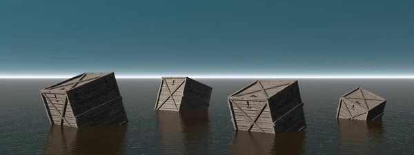 Lost box in the middle of the sea - 3d rendering — 图库照片