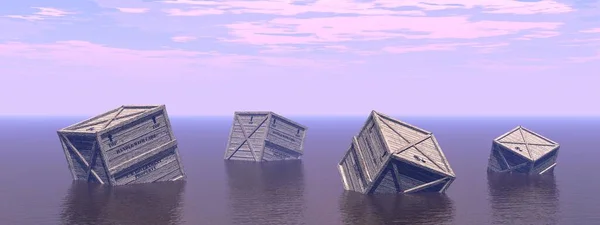 Lost box in the middle of the sea - 3d rendering — 图库照片