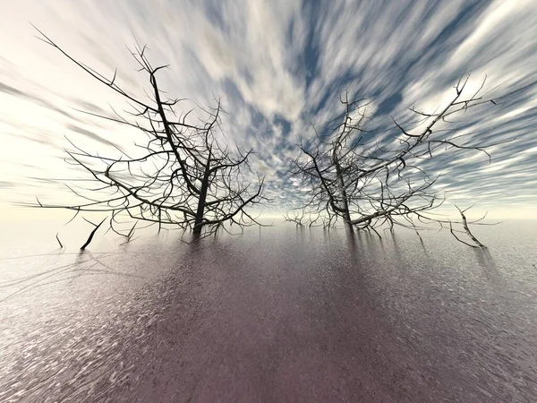 Krásný výhled na oceán se dvěma velkými stromy - 3D vykreslování — Stock fotografie