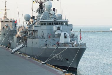 Odessa. Ukrayna. 14 Temmuz 2017. Türk askeri Turgutrais Ukrayna askeri tatbikatlar üzerinde gemi. Sea breeze Ukrayna ve Nato 2017 Odessa'da egzersiz. 