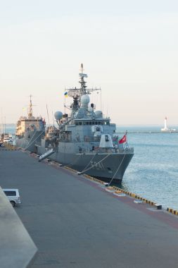 ODESSA. UKRAINE. July 14, 2017. Turkish military ship on military exercises in Ukraine. Sea breeze Ukrainian and NATO exercise 2017 in Odessa.  clipart