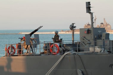 Odessa. Ukrayna. 14 Temmuz 2017. Ukrayna'da askeri tatbikatları Türk askeri gemide. Sea breeze Ukrayna ve Nato 2017 Odessa'da egzersiz. 