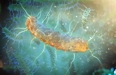 Mavi arka plan, 3d çizim mikroskobik bakteri