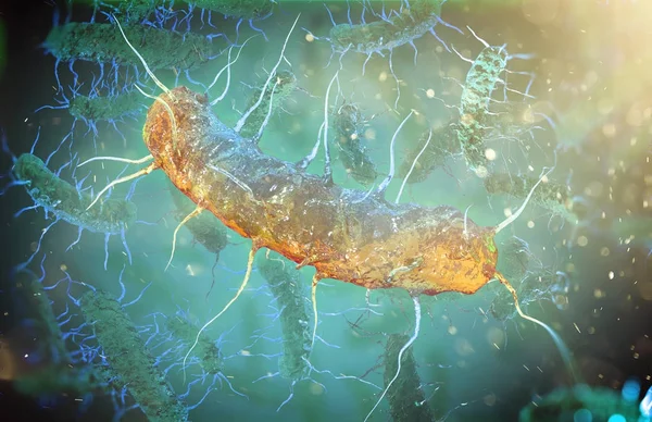 Bactérias microscópicas em fundo azul, ilustração 3d — Fotografia de Stock