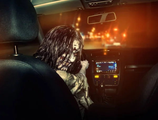undead girl rides in car