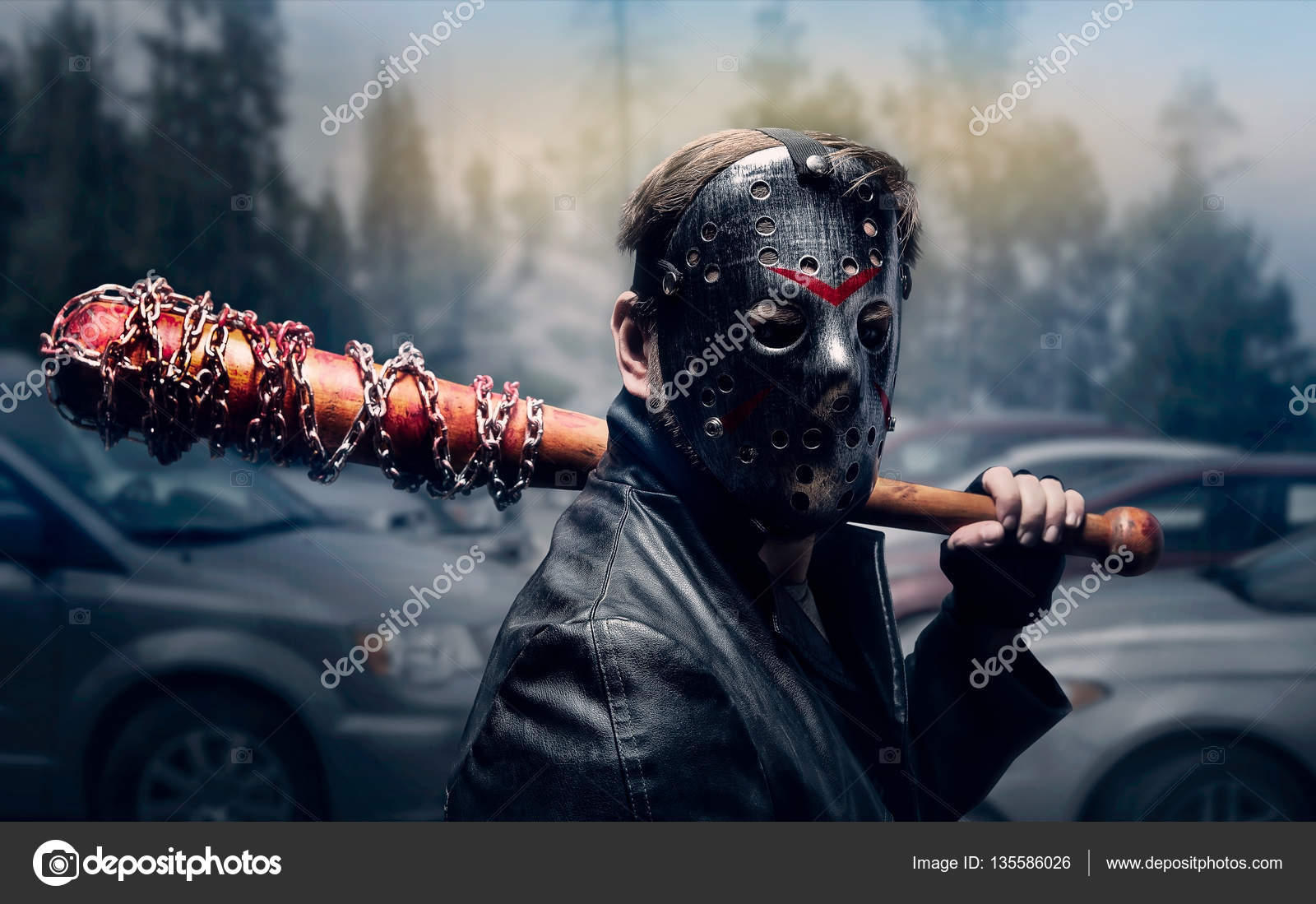 Bloody maniac in hockey mask with bat Stock Photo by ©Nomadsoul1