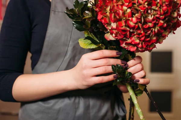 Kvindelige blomsterhandler arbejder med blomster - Stock-foto