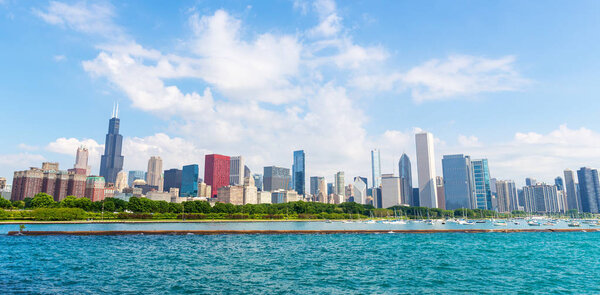 Cityscape of Chicago with urban skyscrapers and lake Michigan, Illinois, USA