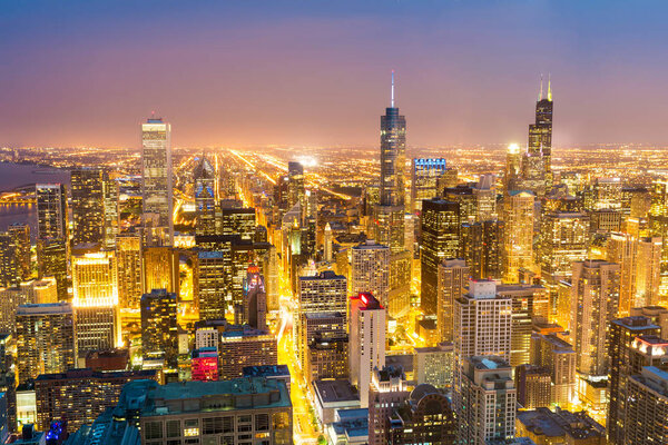 Aerial view of urban skyscrapers in Chicago downtown, Illinois, USA