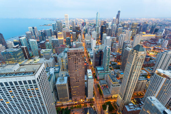 Aerial view of urban skyscrapers in Chicago downtown, Illinois, USA